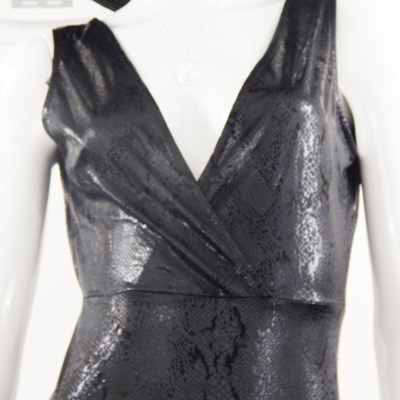 Maxi Dress Black ANIMAL SNAKE PRINT FOIL Sleeveless Slit V Neckline - Picture 2 of 9